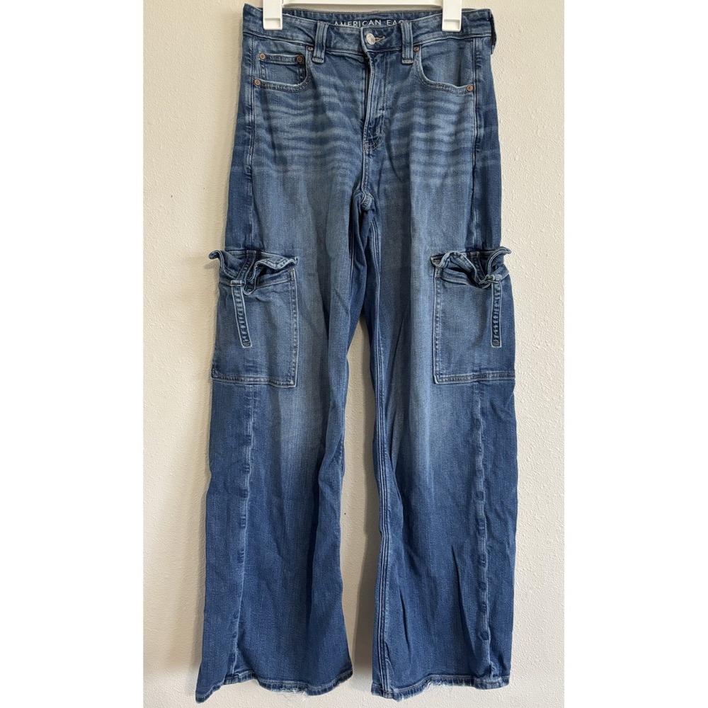 American Eagle Womens Size 4 Baggy Cargo Jeans Wide Leg Y2K Denim Utility